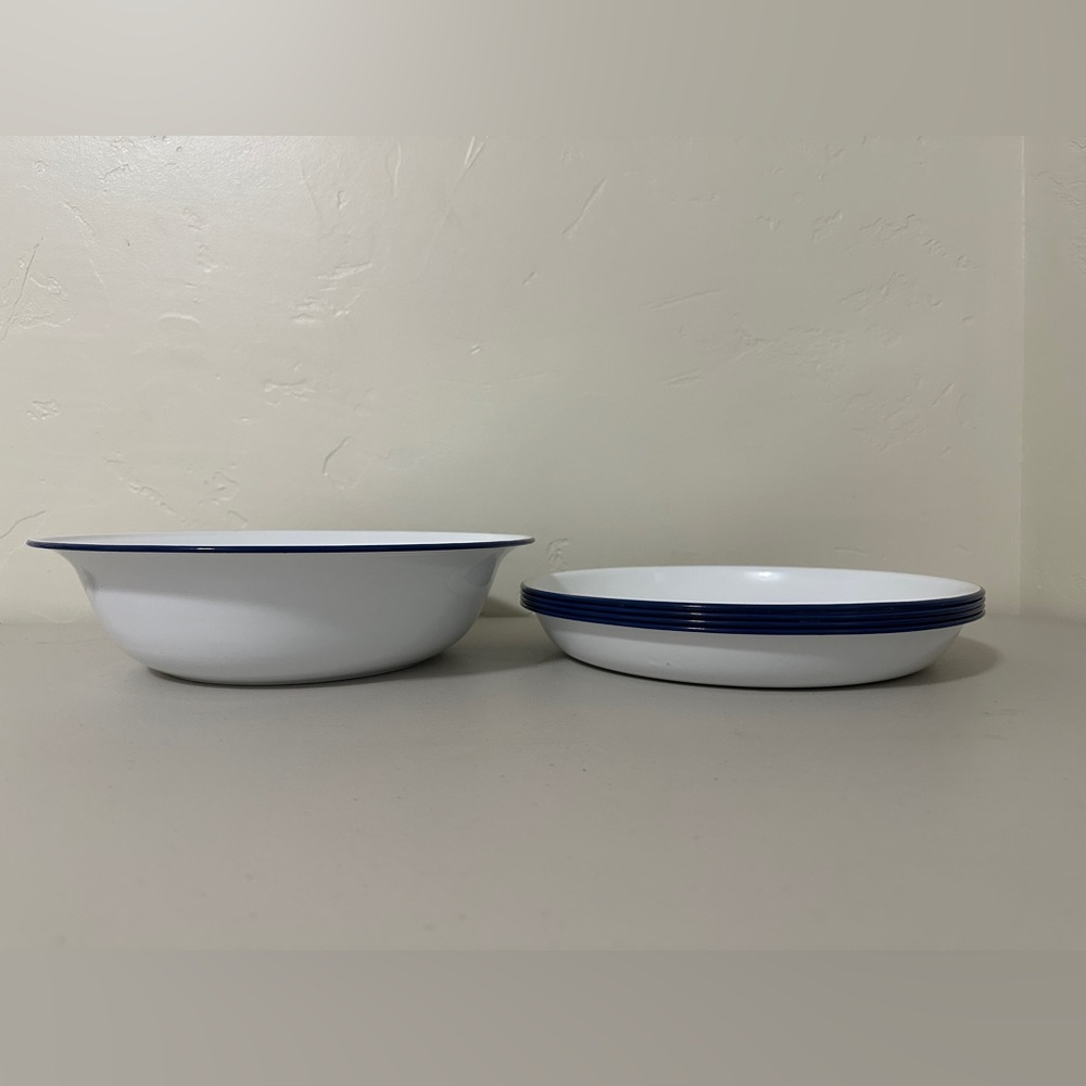 Pottery Barn Enamel White Blue Rim 1 Serving Bowl and 4 Dinner Serving Platter